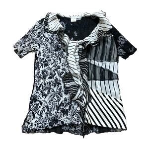 Alberto Makali Stripe Floral Grunge Fairy Ruffle Y2K Edgy Button Up Blouse
